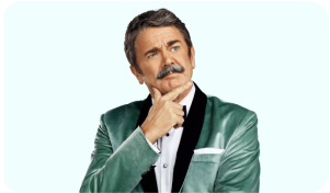 Man with mustache and tuxedo thinking