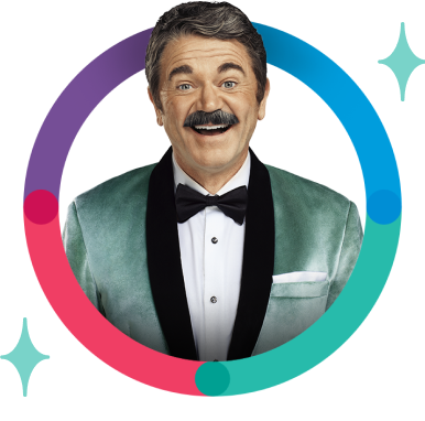 Man with mustache and tuxedo smiling in multi-colored circle