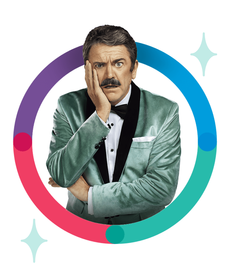 Man with mustache and tuxedo worried in multi-colored circle