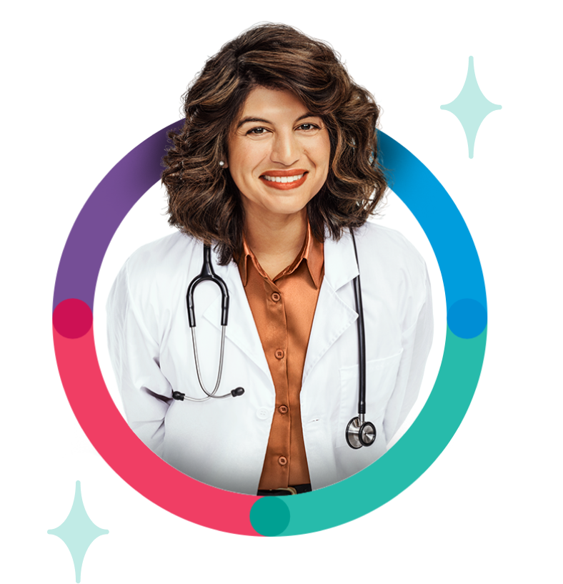 Veterinarian woman in multi-colored circle
