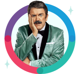 Man with mustache and tuxedo worried in multi-colored circle
