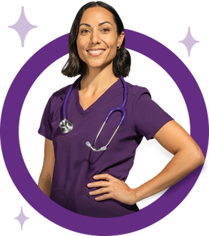 Vet with a stethoscope in front of a circular background